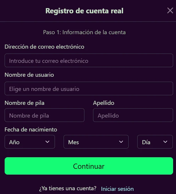 Avantgarde Casino formulario de registro con correo electrónico, datos personales y fecha de nacimiento