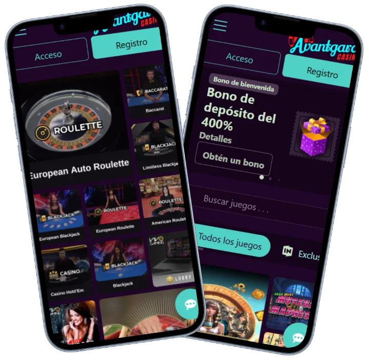 Avantgarde Casino versión móvil con bono de depósito, ruleta, blackjack y otros juegos en vivo